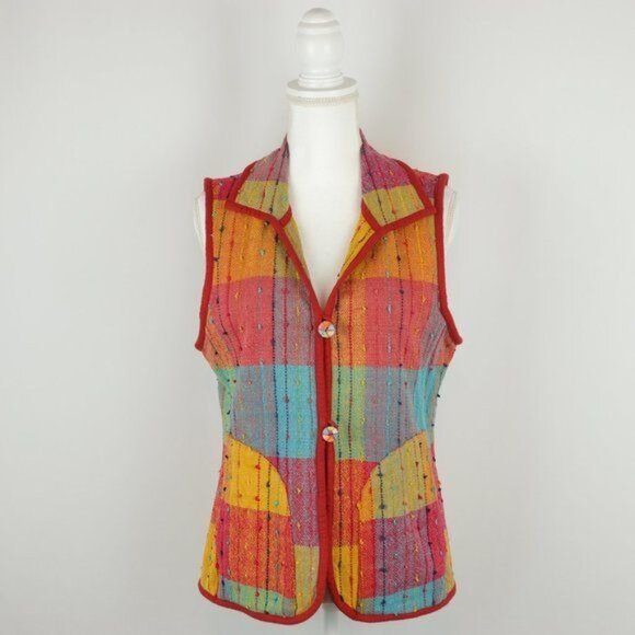 Anu Women's Small Red & Blue Plaid Collared Woven Button Up Vest - Picture 1 of 8